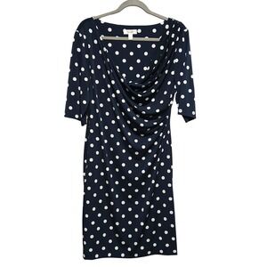 Dressbarn Navy Blue White Polka Dot Cowl Neck Ruched Sheath Dress Size 14
